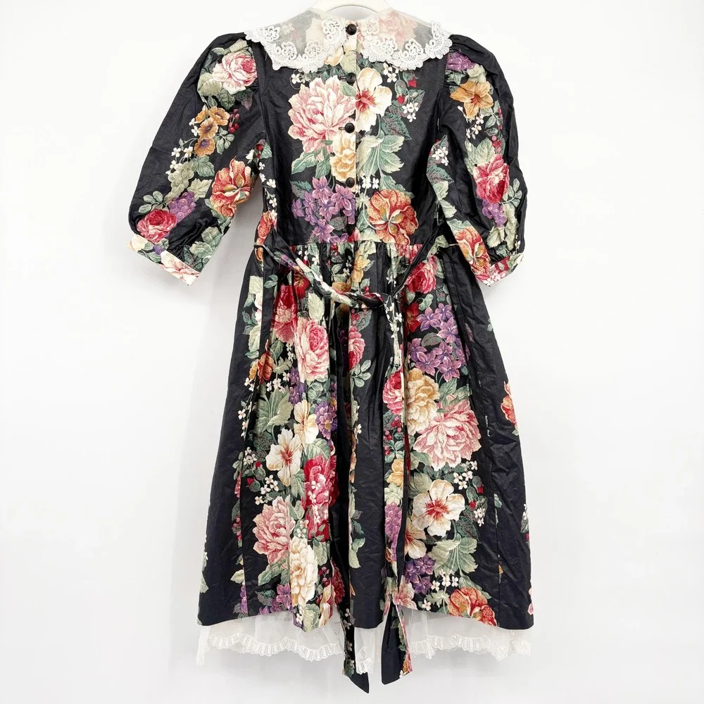 Anne Savoy Girls Vintage Floral Lace Trim Victorian Cottagecore Party Dress 12